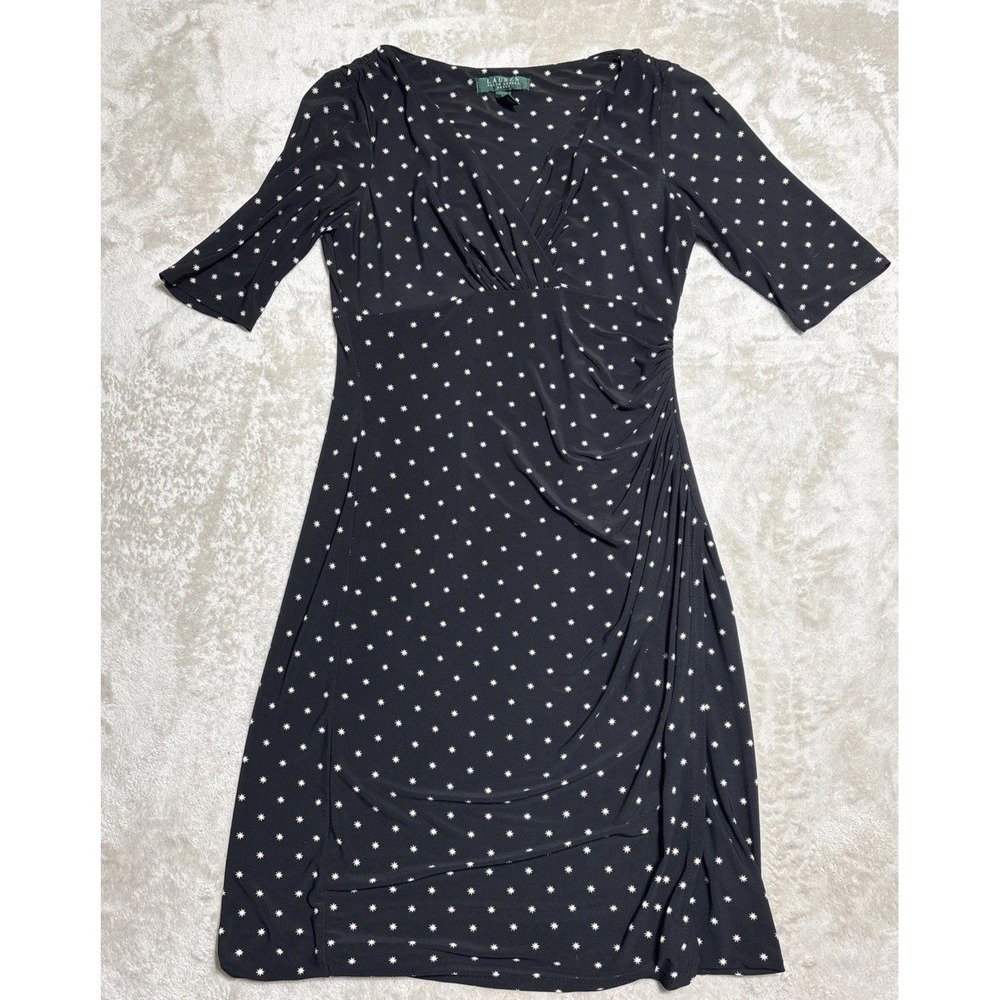 Lauren Ralph Lauren Starburst Polka Dot Dress Womens Petite Size 6P Black